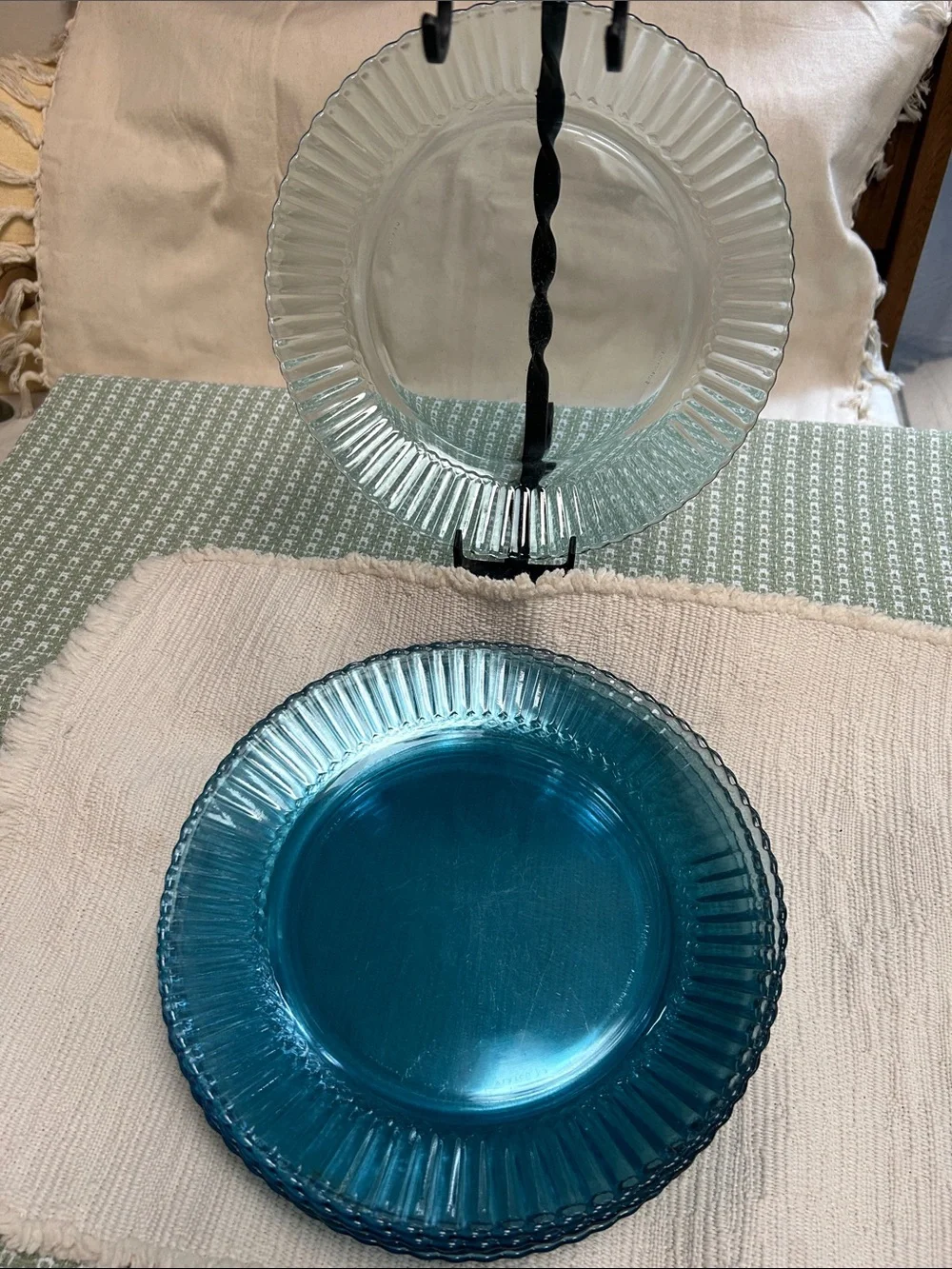 Fortecrista Blue Glass Dinner Plates - Set/4 Ribbed Accent Plates, ea 10” dia.